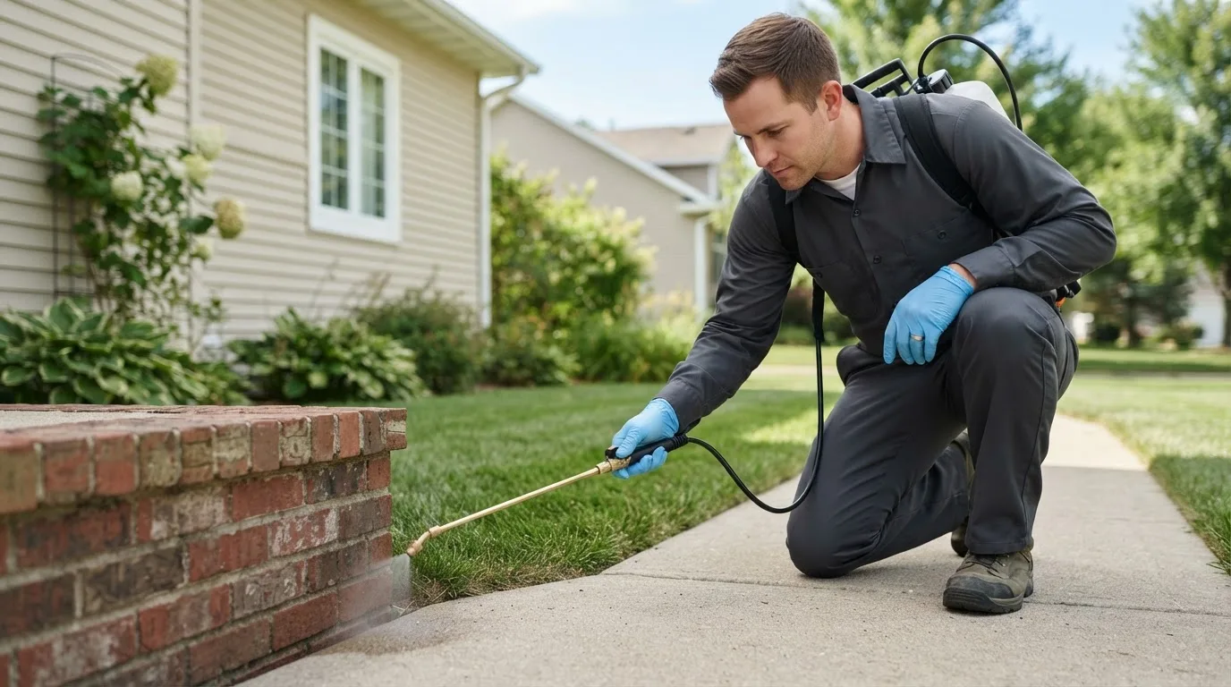 Pest control technician treating a home near Plover, IA