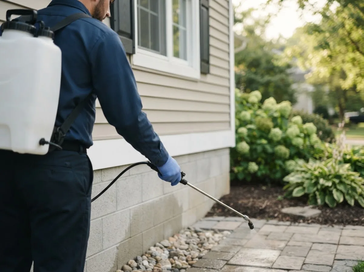 Pest control technician inspecting a home in Plover, IA